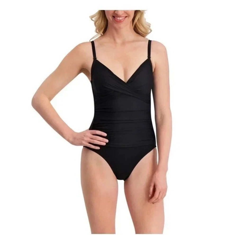 DKNY Womens Black Wrap V-Neck One Piece Swimsuit Size Small 1943727